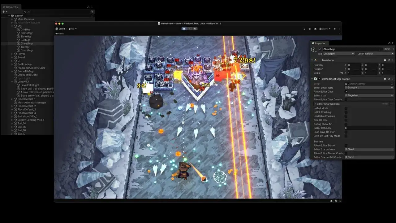 Gra w Unity z widokiem na planszę, gdzie gracz strzela kulami. Widać panel Inspector z opcjami skryptu Game Cheat Mgr.