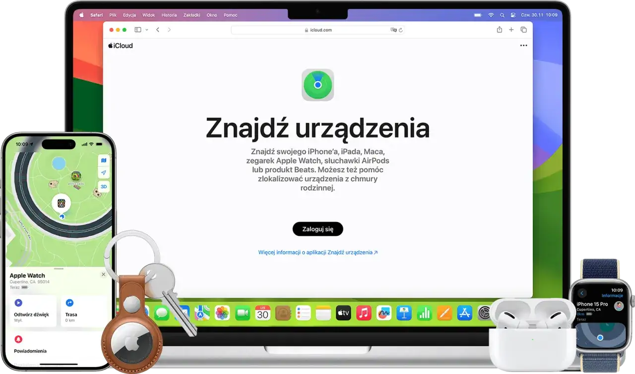 Zgubiony iPhone? Zobacz, jak namierzyć iPhone po IMEI na iCloud. Na ekranie iPhone'a mapa z lokalizacją, klucze i AirTag.