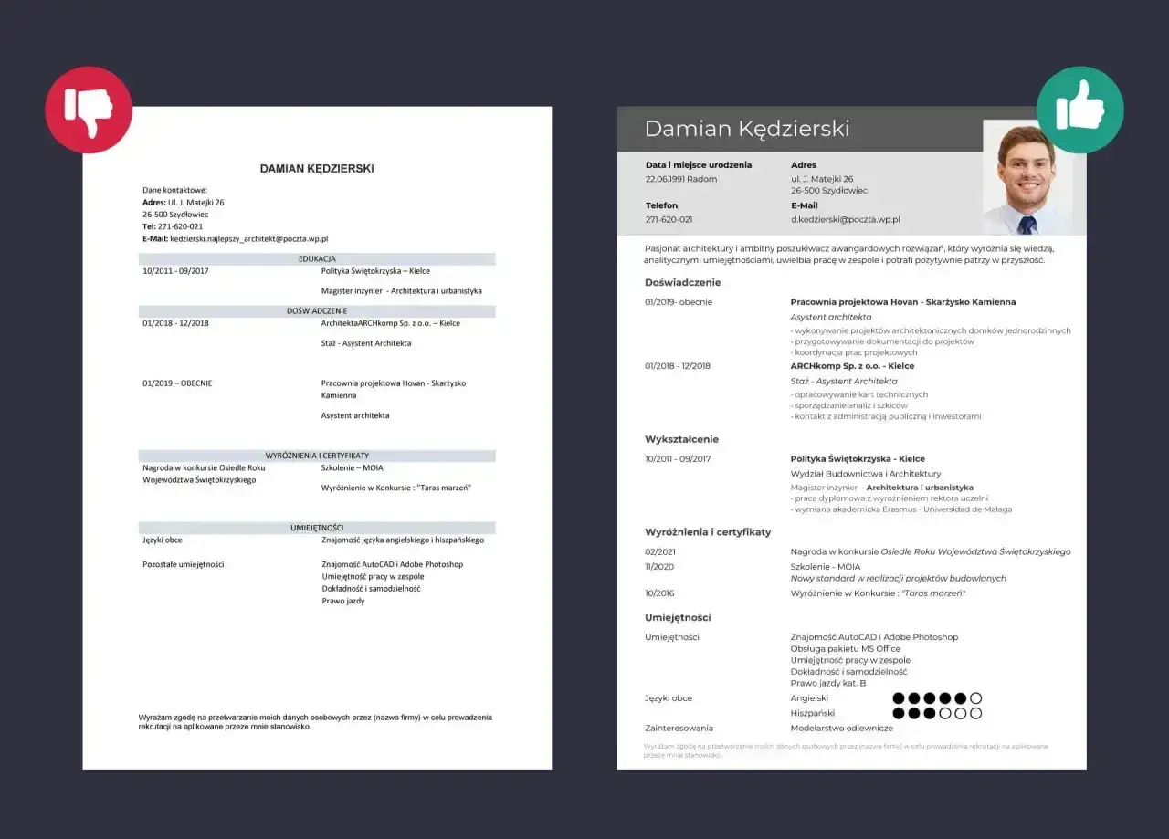 CV architekta Damiana Kędzierskiego, które może mieć 2 strony, zawiera dane kontaktowe, wykształcenie, doświadczenie, nagrody i umiejętności.