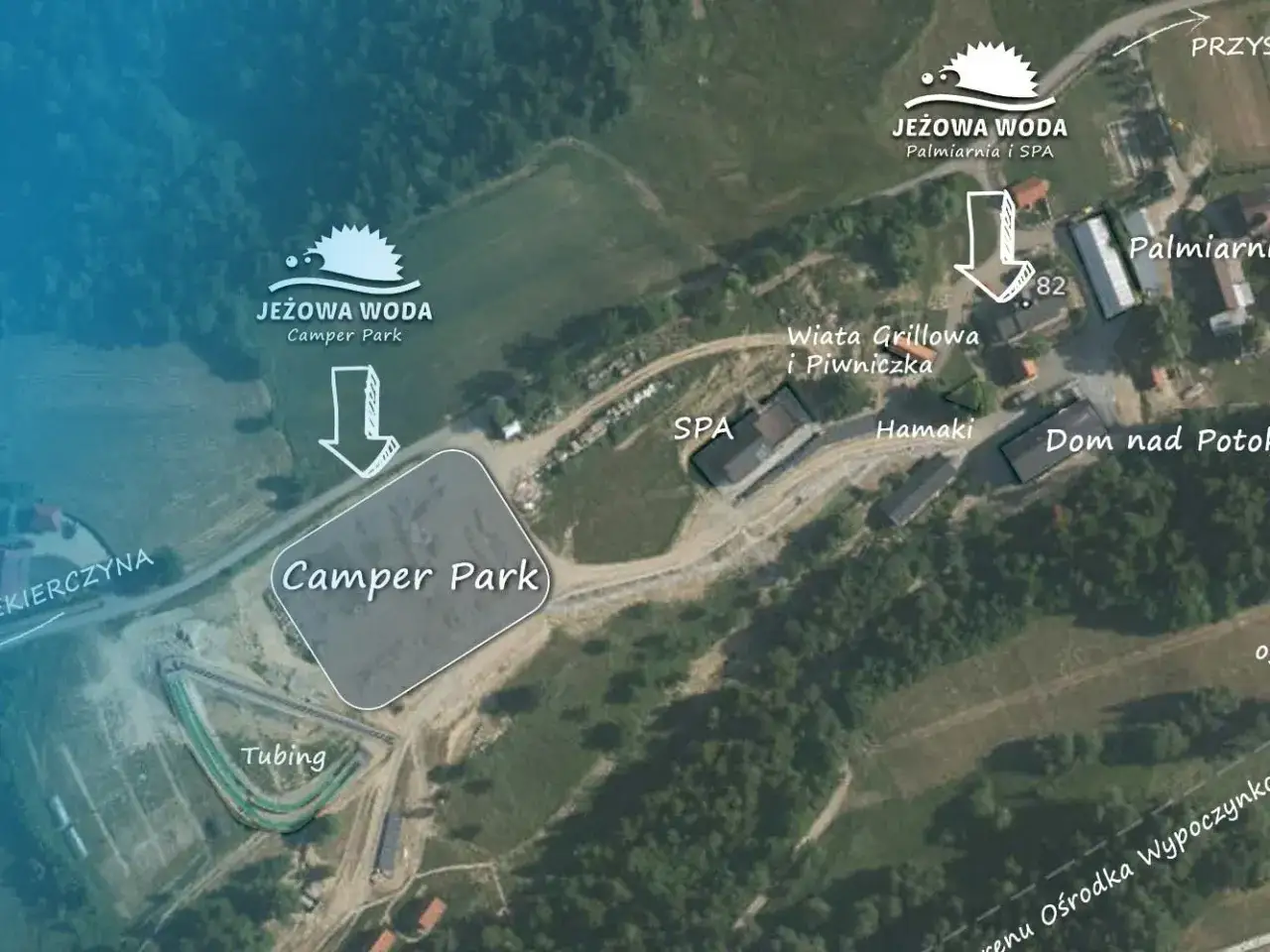 Mapa ośrodka Jeżowa Woda: Camper Park, SPA, Palmiarnia, Wiata Grillowa, Hamaki, Dom nad Potokiem i Tubing. Idealne miejsce na park 4 night po polsku.