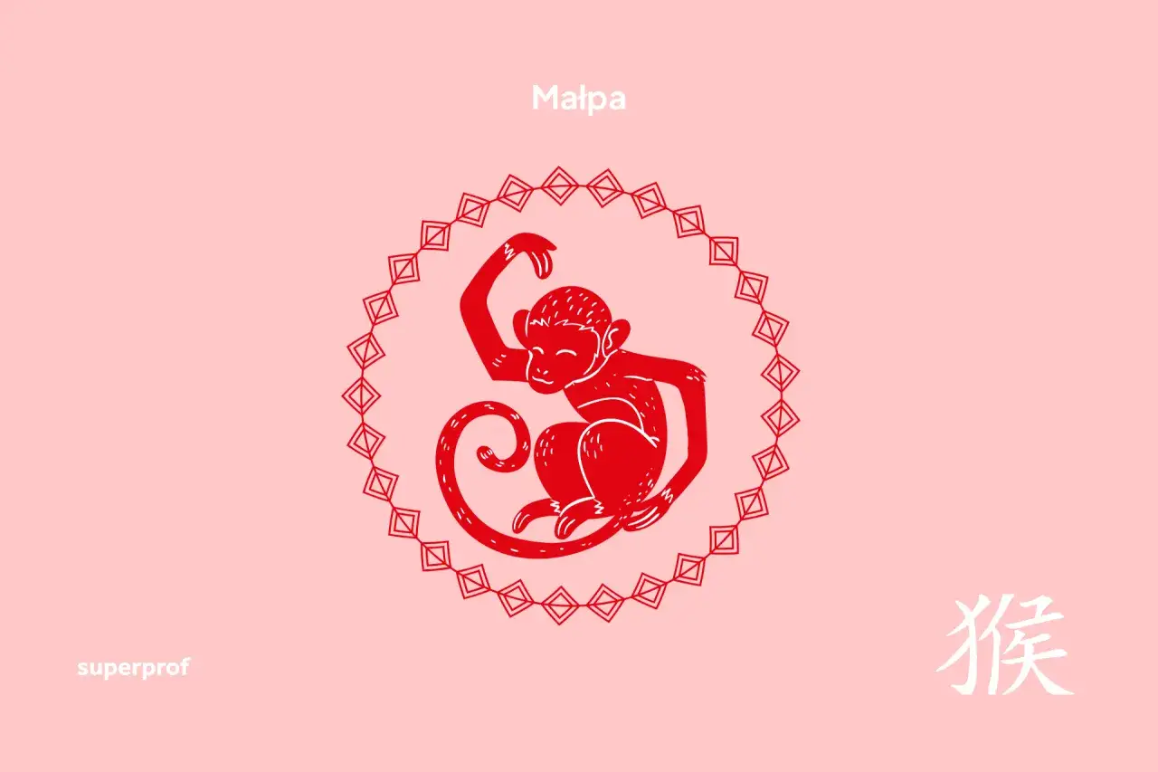 Czerwona małpa, symbol chińskiego zodiaku 1992, w ozdobnej ramce.