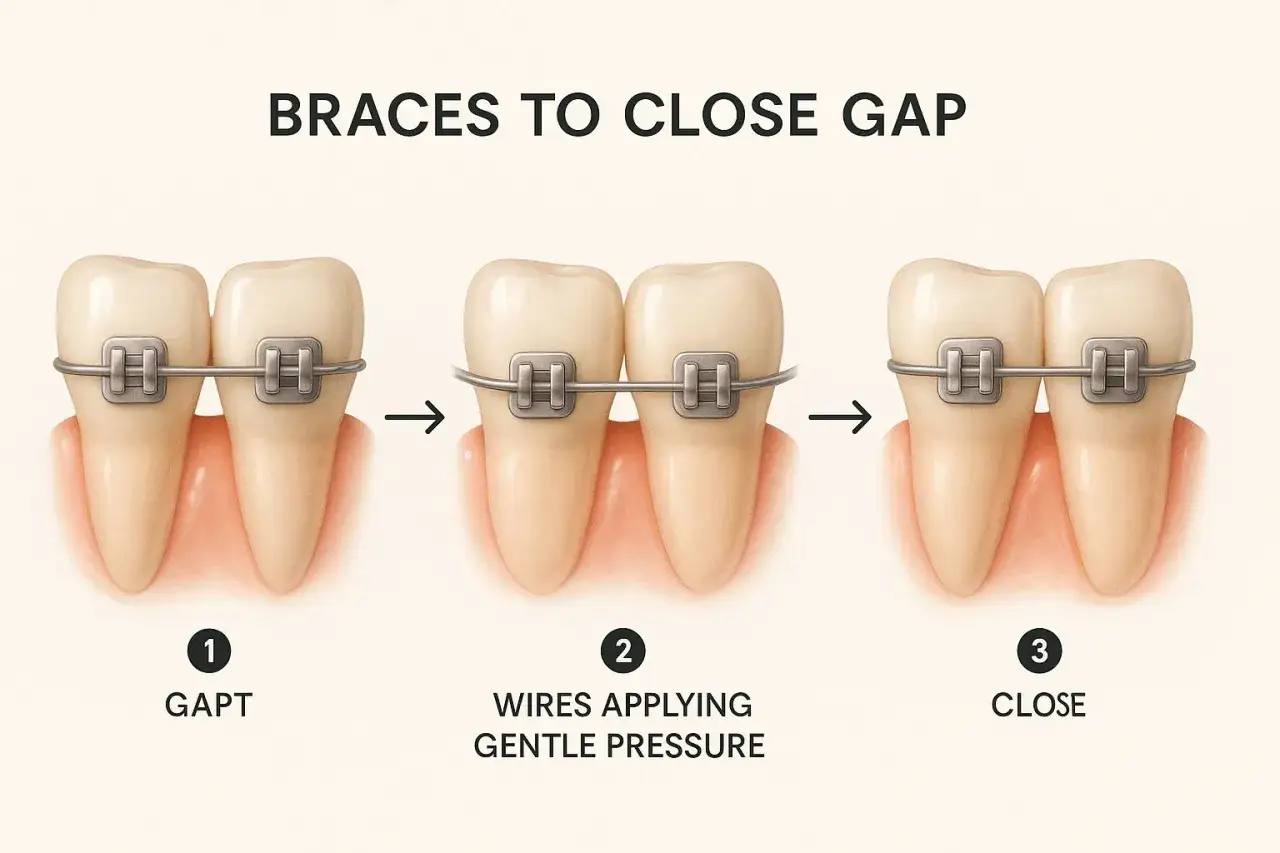 Tres etapas de ortodoncia para cerrar brackets dientes separados. El alambre aplica presi&oacute;n para juntarlos.
