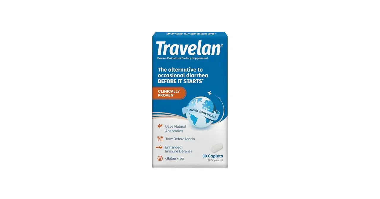 Travelan-f&ouml;rpackning, ett kosttillskott som kan hj&auml;lpa mot tillf&auml;llig diarre av socker. Kliniskt bevisat och glutenfritt.