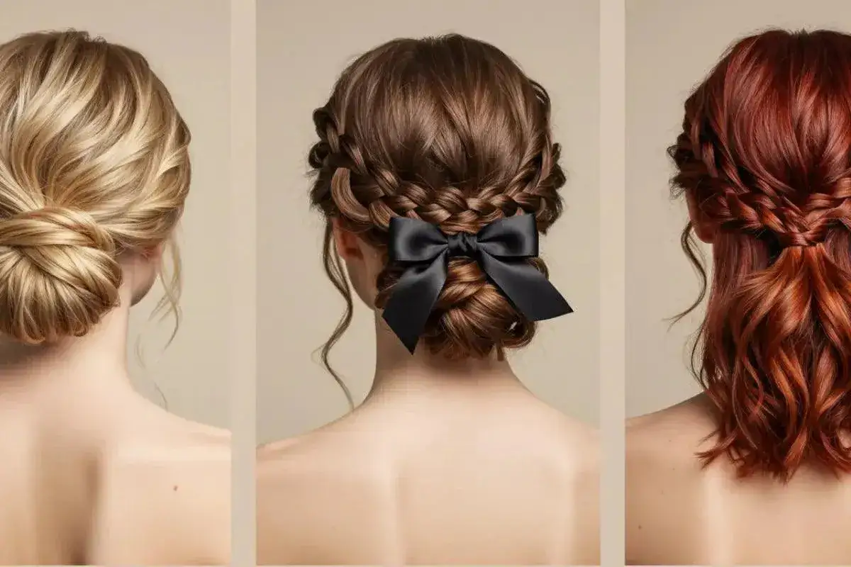 Tres peinados f&aacute;ciles y elegantes: un mo&ntilde;o rubio, una trenza con lazo negro y una media cola pelirroja.