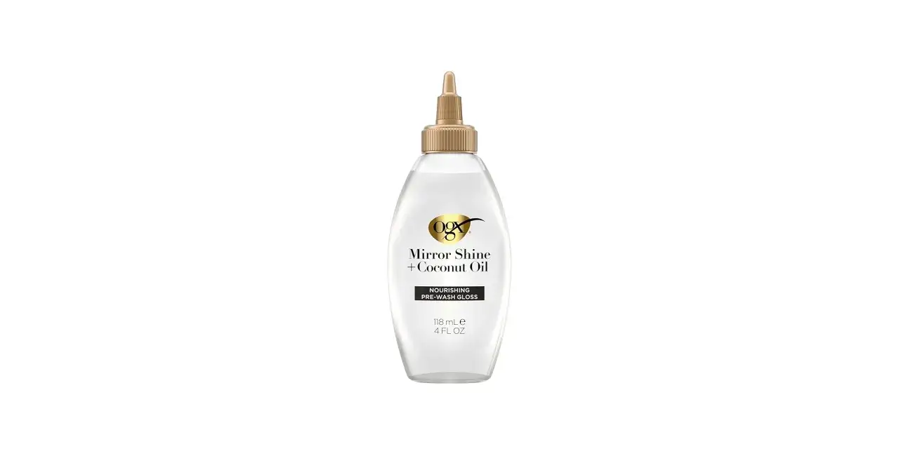 Botella de aceite de coco para el pelo OGX Mirror Shine + Coconut Oil, un brillo nutritivo prelavado.