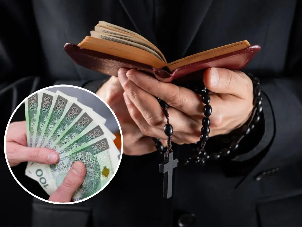 Dłonie trzymające książkę i różaniec, obok stos banknotów. Gdzie jest pastor?