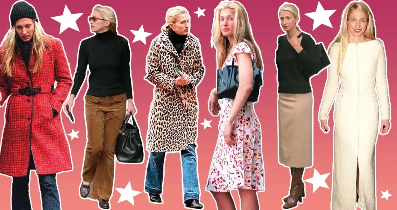 Kolekcja stylizacji w stylu Carolyn Bessette: czerwony płaszcz, czarny golf z brązowymi spodniami, panterkowy płaszcz, sukienka w kwiaty, beżowa spódnica i biała sukienka.