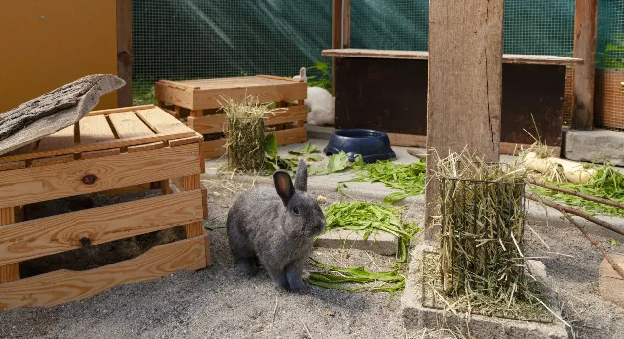 Ein grauer Mini Lop Kaninchen sitzt auf dem Boden, umgeben von Holzgehegen und frischem Gr&uuml;n.