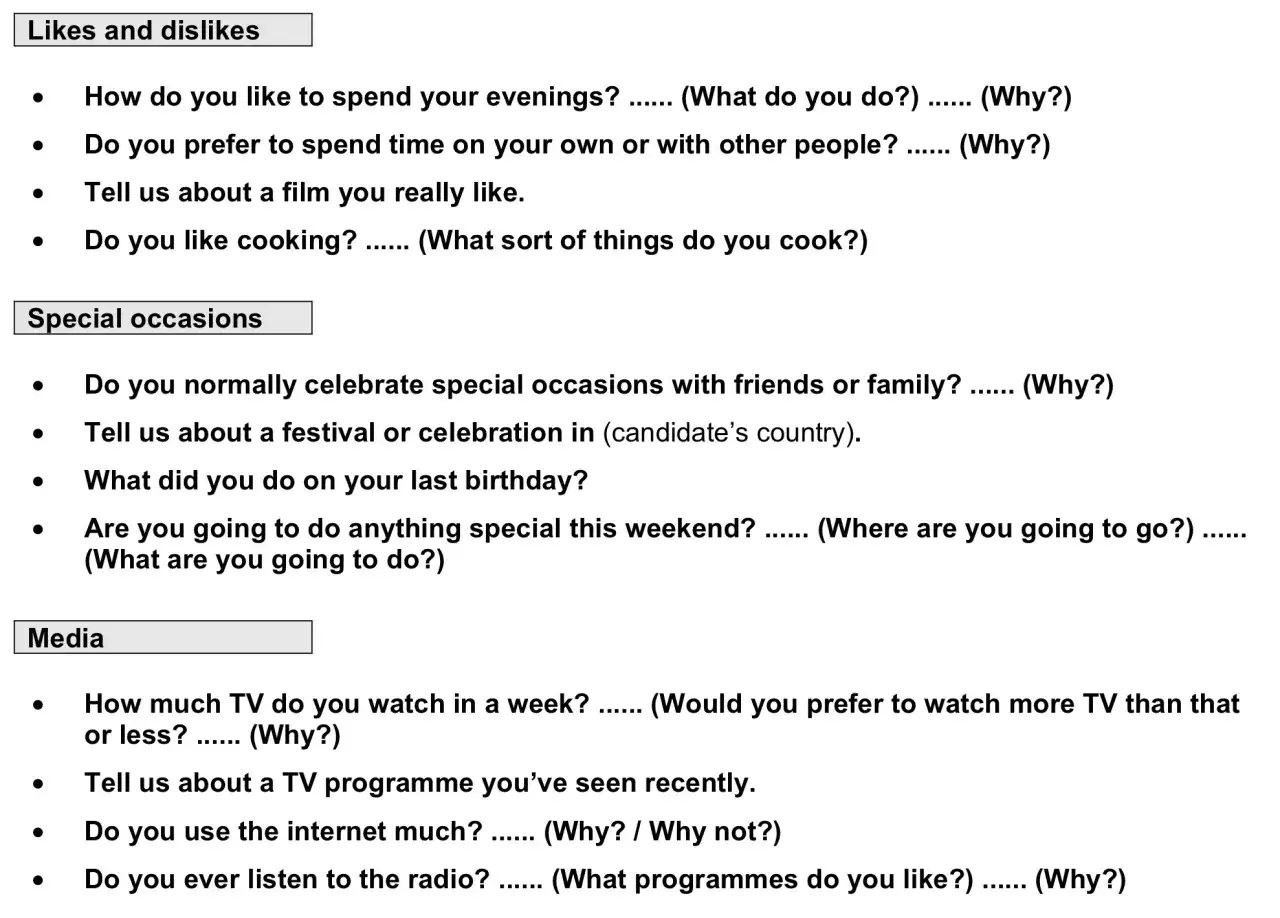 Preguntas para practicar el **speaking B2** sobre gustos, ocasiones especiales y medios de comunicación.