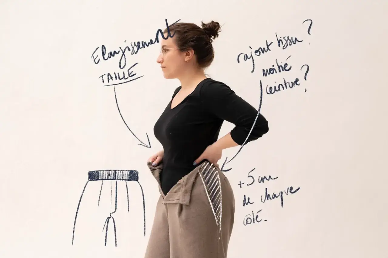 Une femme pose devant des croquis de pantalons, illustrant les **nom des ateliers de couture**. Elle porte un haut noir et un pantalon marron ouvert.