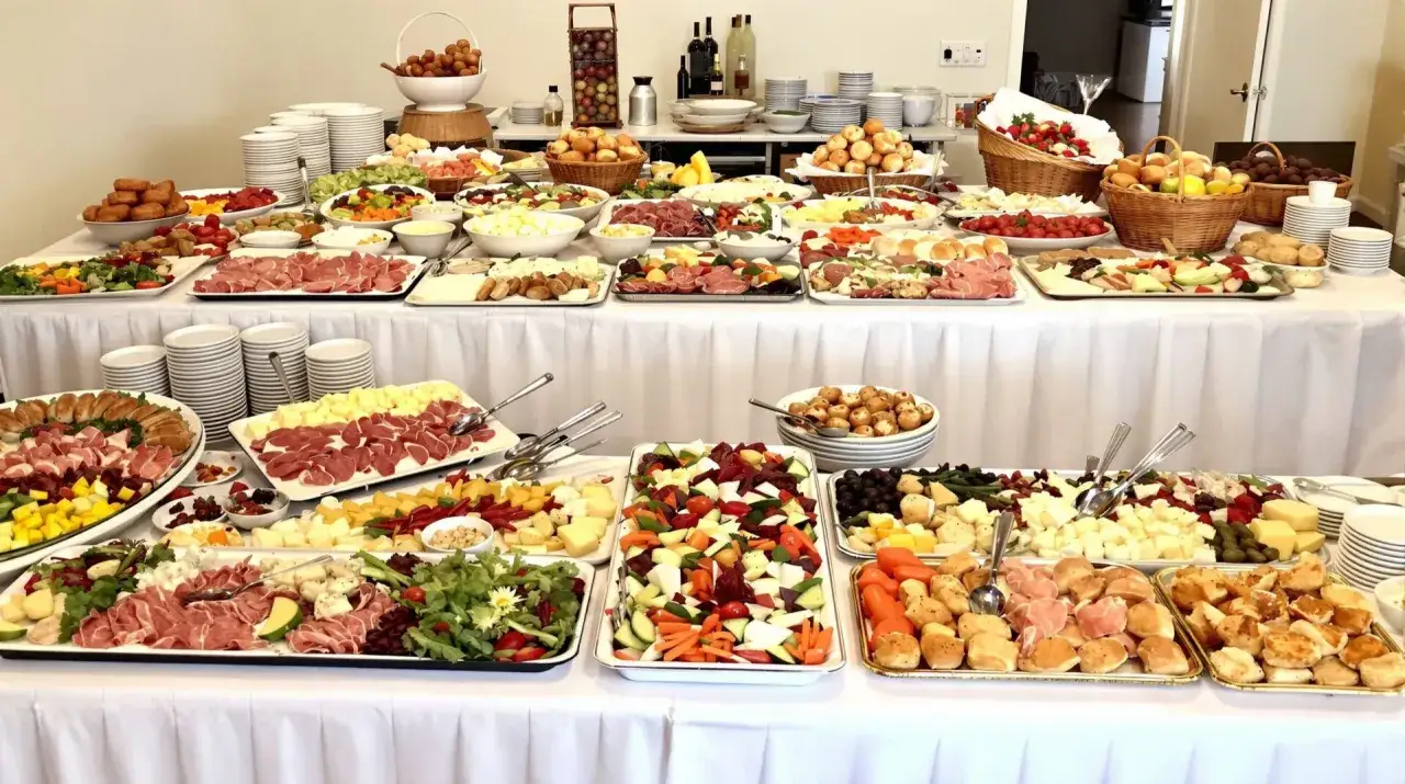 Vaste quantité buffet froid pour 60 personnes : charcuteries, fromages, crudités, fruits, pains et douceurs.