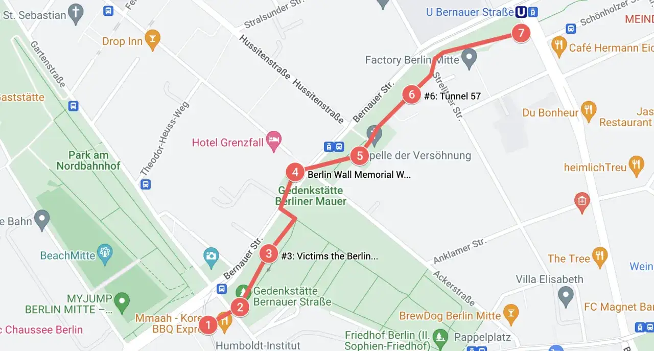 Map showing a walking route through Berlin, highlighting the Berlin Wall Memorial and other historical sites. This route could be explored in one day in Berlin.