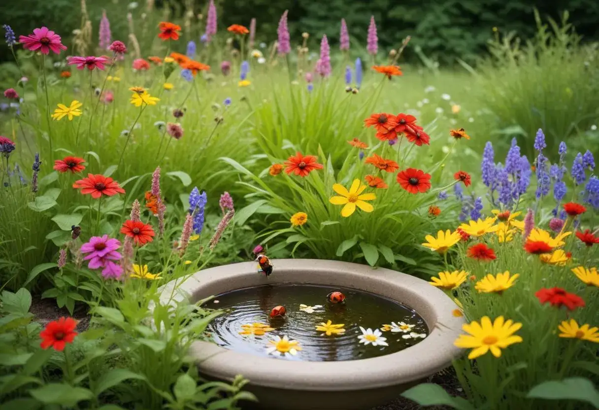 En f&aring;gelbad med insekter i Sverige, omgivet av f&auml;rgglada blommor. En nyckelpiga simmar i vattnet medan en annan sitter p&aring; kanten.