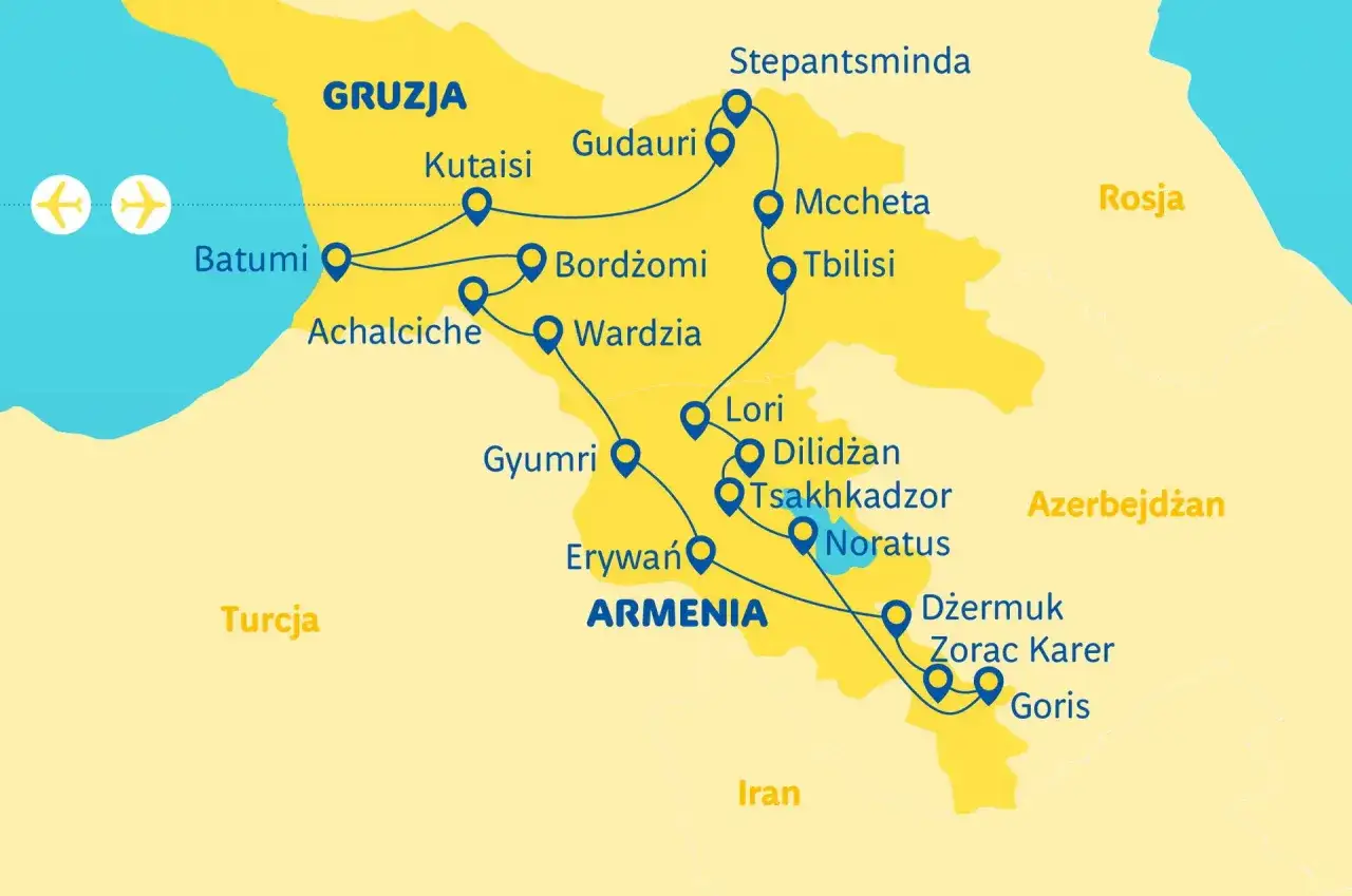 Mapa z trasą podróży po Gruzji i Armenii. Planujesz wakacje w Gruzji? Zobacz, jakie miejsca czekają na odkrycie!