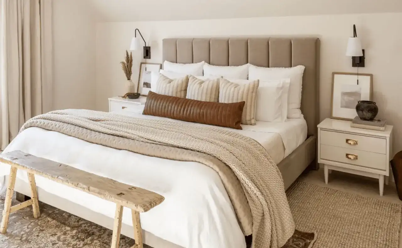 Acogedora habitaci&oacute;n blanca y beige con cama grande, cojines texturizados, manta tejida y banco r&uacute;stico.