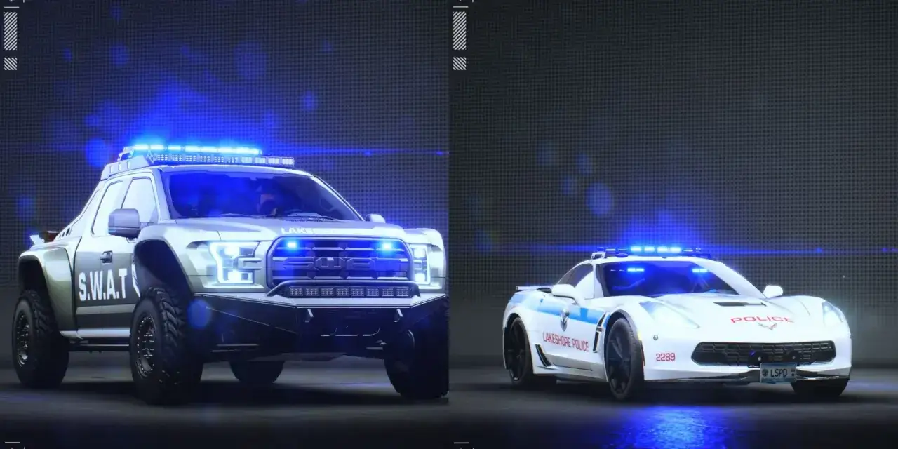 Policyjne Ford Raptor i Corvette z NFS Unbound z niebieskimi światłami.