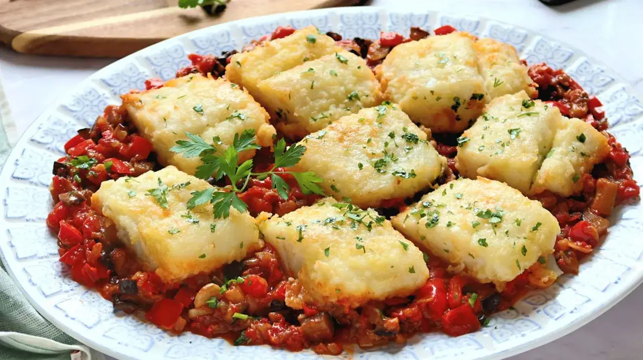 Bacalao con sanfaina, trozos de pescado blanco rebozado sobre una cama de pimientos rojos, berenjenas y tomate.