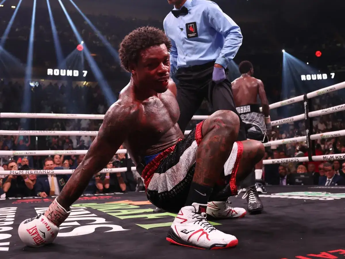 Terence Crawford on the canvas during his fight with Errol Spence, Round 7.