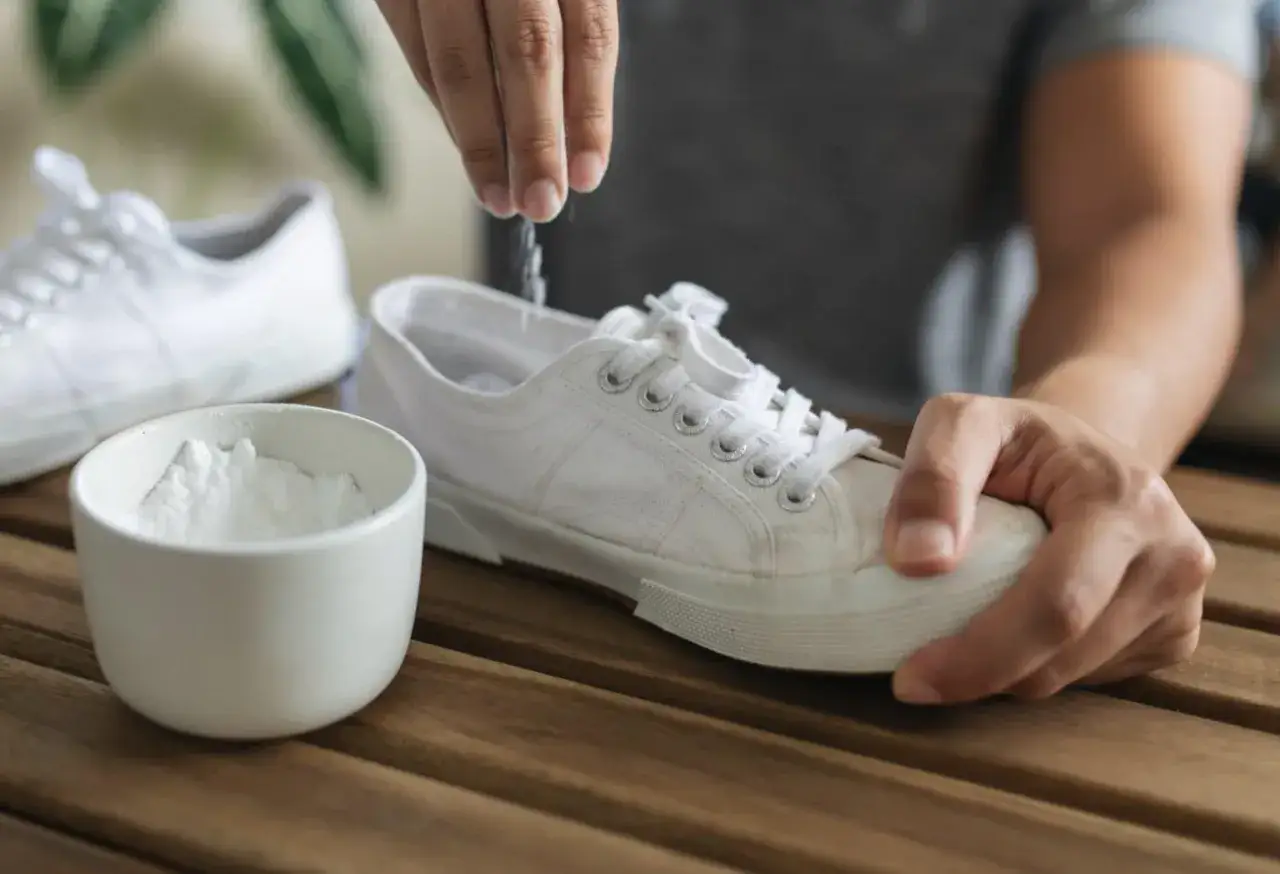 Un rimedio naturale per come togliere puzza dalle scarpe: bicarbonato sparso dentro una scarpa bianca.