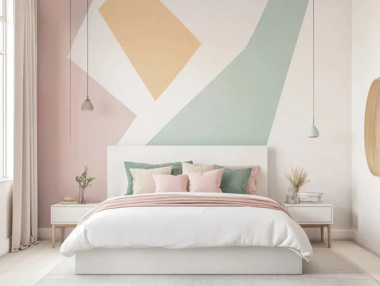 Camera da letto con letto bianco, cuscini rosa e verdi, e un'audace decorazione geometrica color block pareti in tonalità pastello.