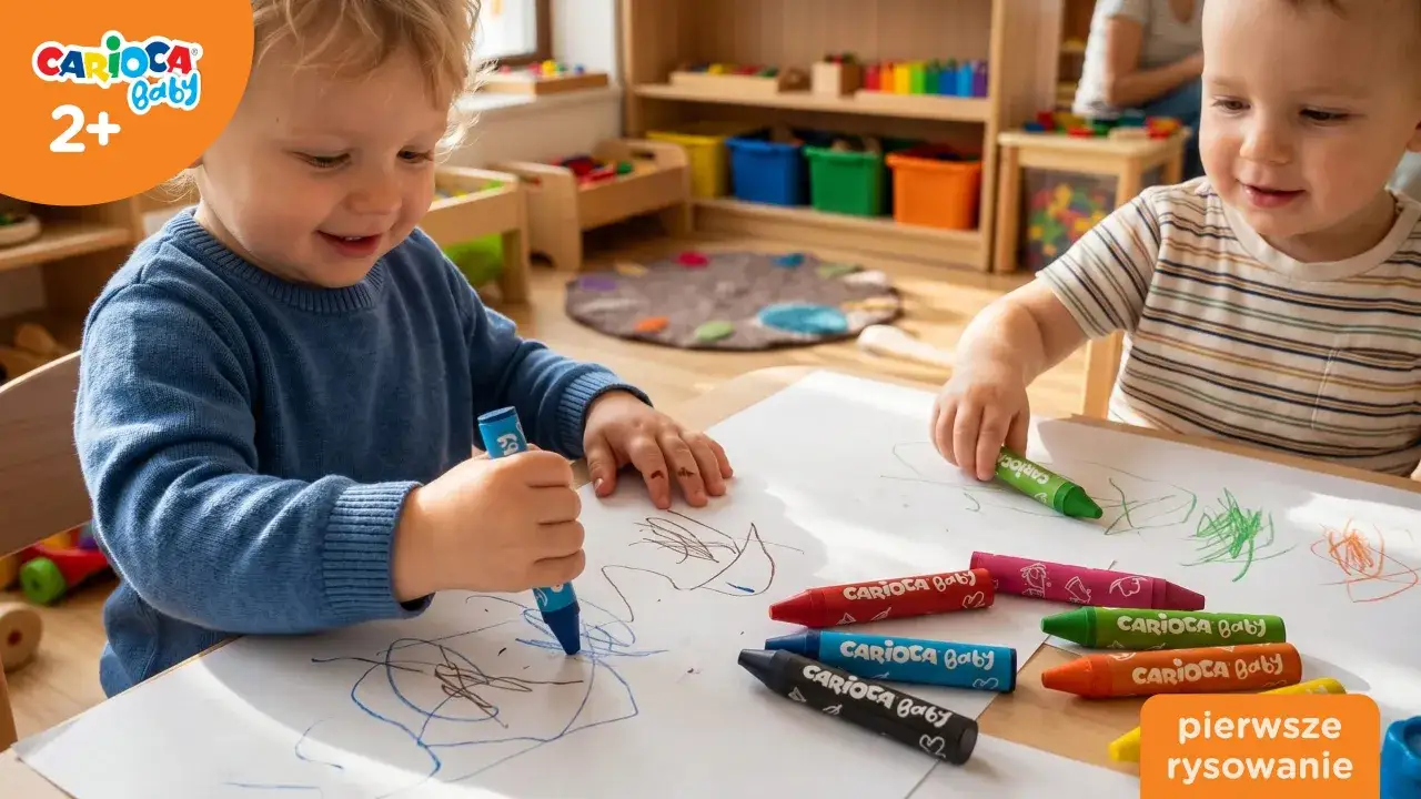 Dzieci cieszą się z dnia kredki, tworząc swoje pierwsze rysunki. Kolorowe kredki Carioca Baby zachęcają do zabawy.
