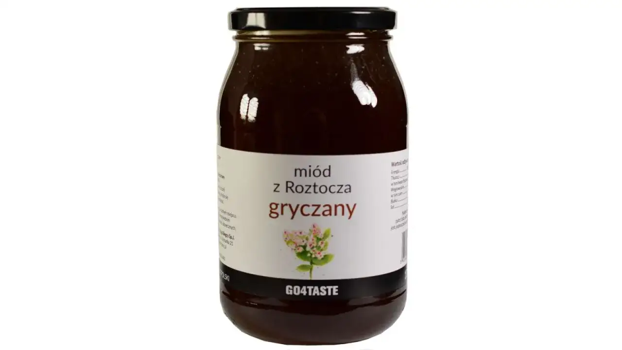 Słoik ciemnego miodu gryczanego z Roztocza. Poznaj jego cenne właściwości zdrowotne.