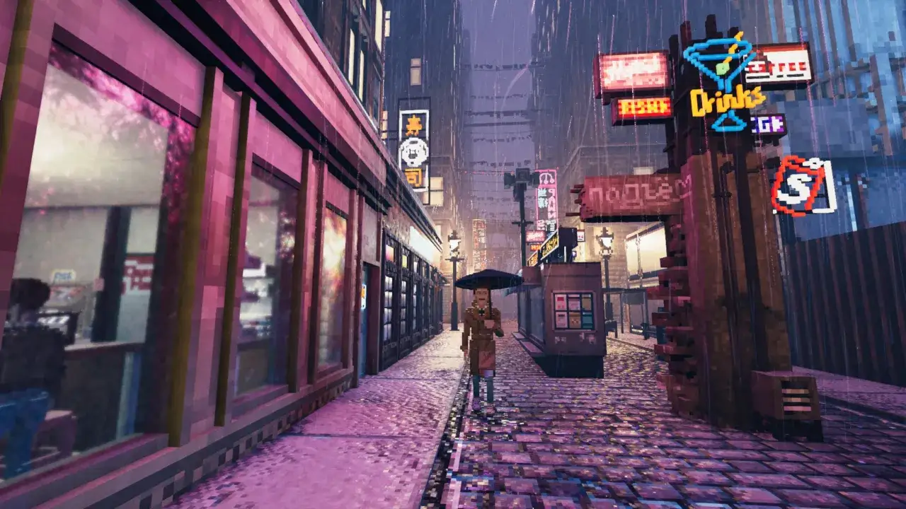 Calle lluviosa con luces de ne&oacute;n y un personaje solitario, evocando la atm&oacute;sfera de Shadows of Doubt PS4.