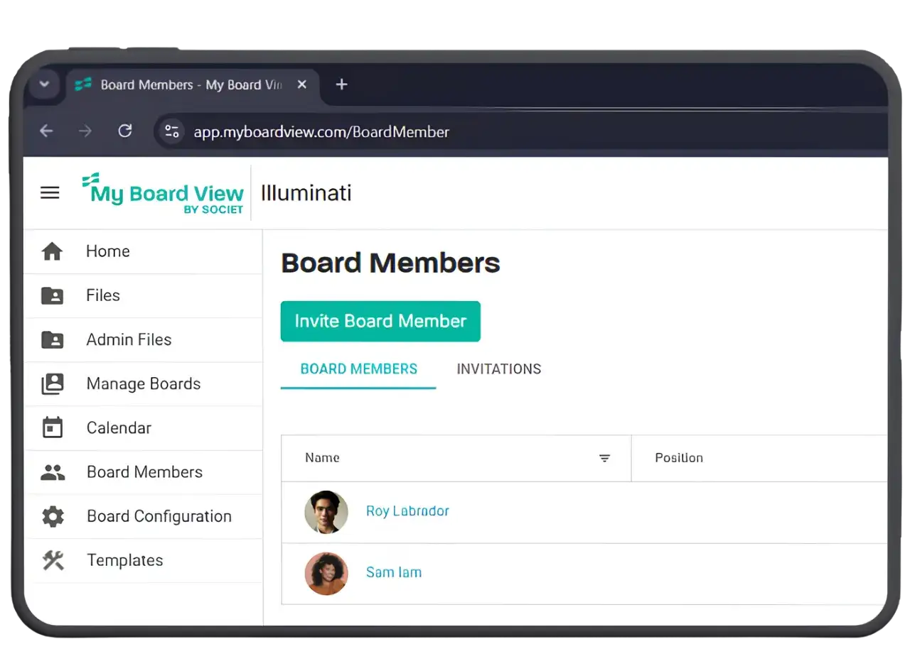 The board portal displays a list of board members, including Roy Labrador and Sam Iam, with an option to invite new members.