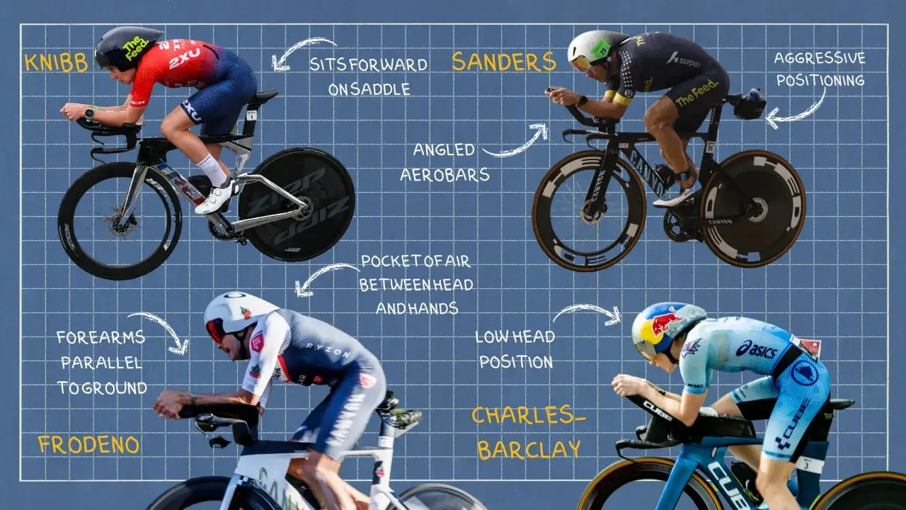 Four cyclists demonstrate different aerodynamic positions during time trial training, highlighting techniques for speed.