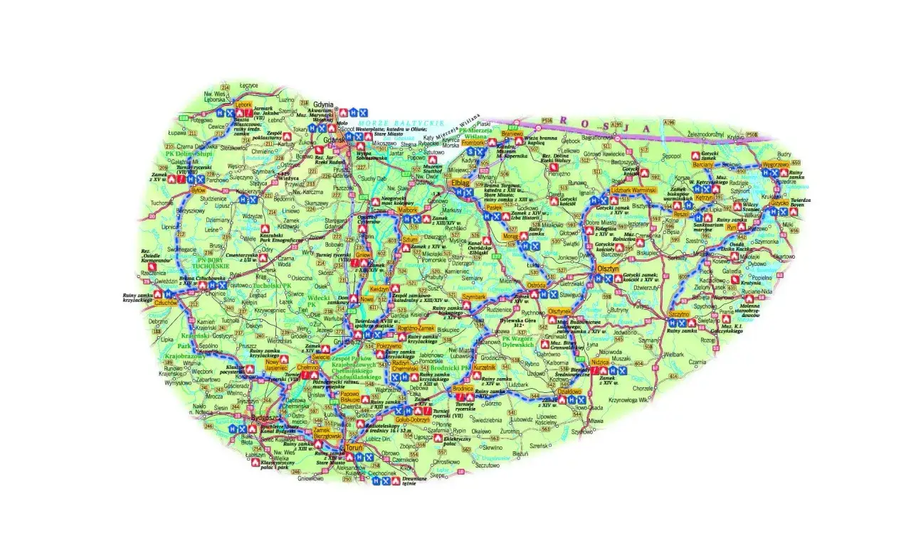 Mapa Mazur z zaznaczonymi zamkami krzyżackimi, szlakami wodnymi i drogowymi.