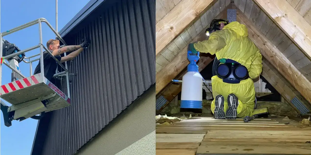 Arbetare utf&ouml;r inspektion och behandling i vind och garage f&ouml;r ventilation.
