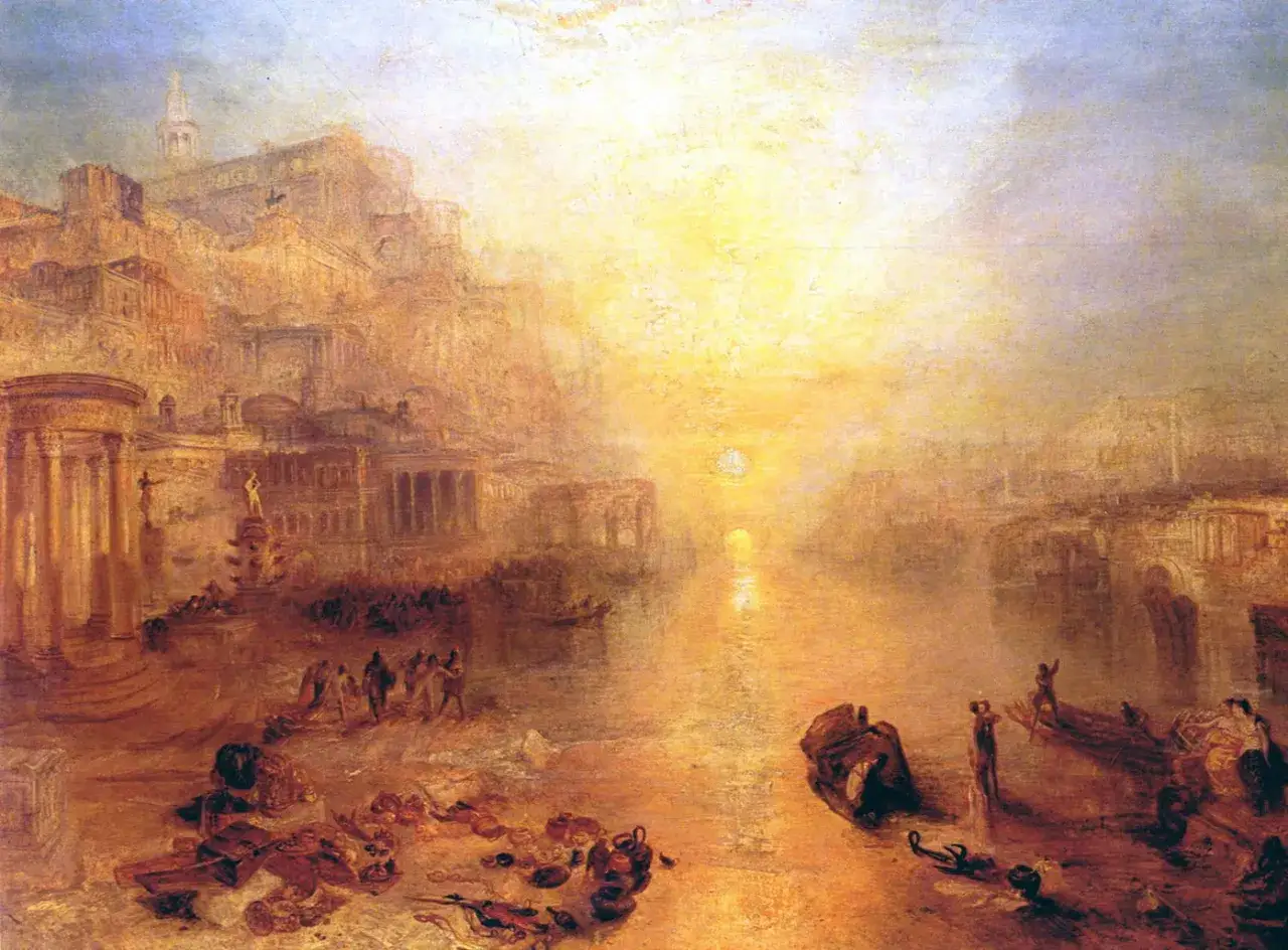 En solnedgång över en antik stad vid havet, som om Ovidius själv skrev om dess skönhet. Människor och båtar syns vid stranden.