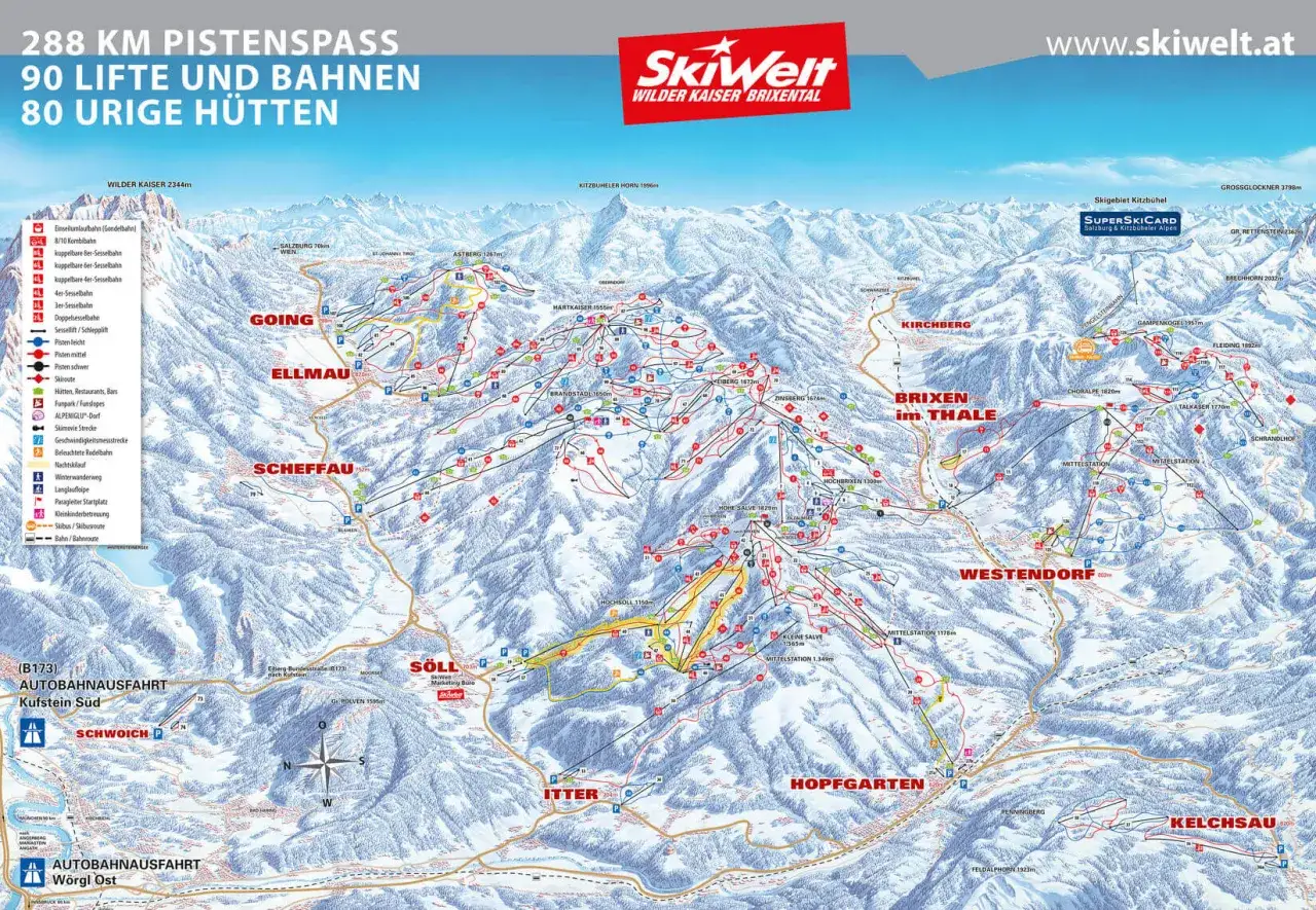Narty Austria blisko Polski: mapa SkiWelt Wilder Kaiser Brixental z 288 km tras, 90 wyciągami i 80 chatkami.
