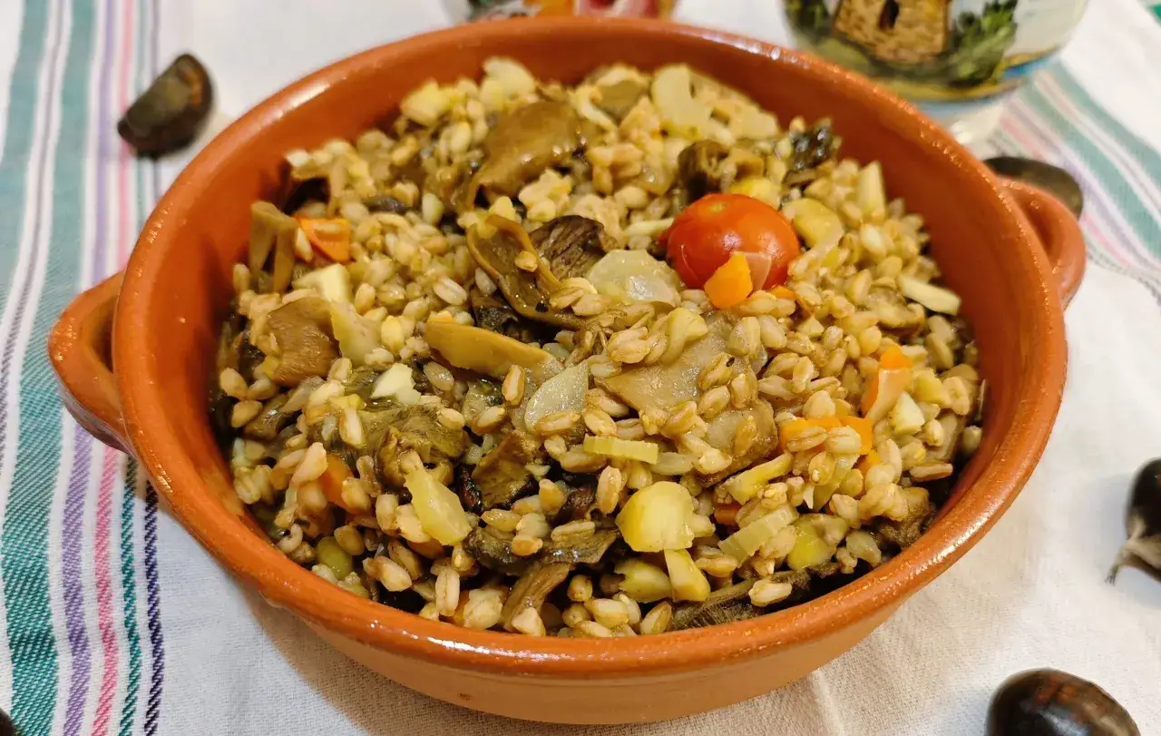 Una ciotola di terracotta piena di zuppa di farro e funghi, con pomodorini e verdure.