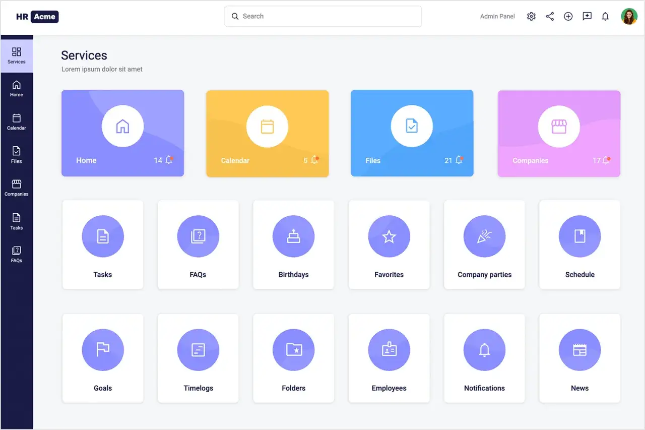 Übersicht der HR Acme web applikation mit Kacheln für Home, Kalender, Dateien, Unternehmen, Aufgaben, FAQs, Geburtstage, Favoriten, Firmenfeiern, Zeitprotokolle, Mitarbeiter und Benachrichtigungen.