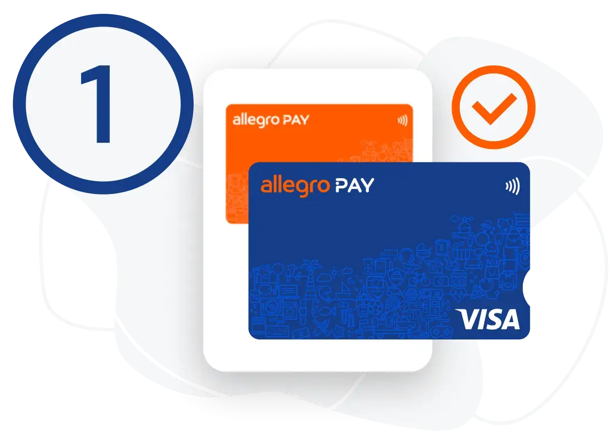 Karta Allegro Pay w kolorze niebieskim z symbolem Visa i ikonami, obok pomarańczowa karta Allegro Pay.