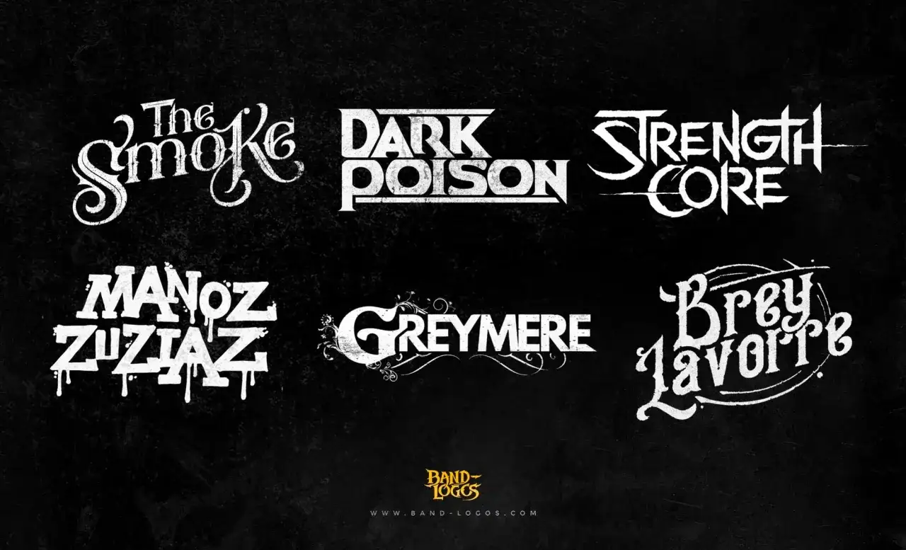 Six band logos: The Smoke, Dark Poison, Strength Core, Manoz Zuziaz, Greymere, Brey Lavorre. Learn how to make a band logo with these examples.