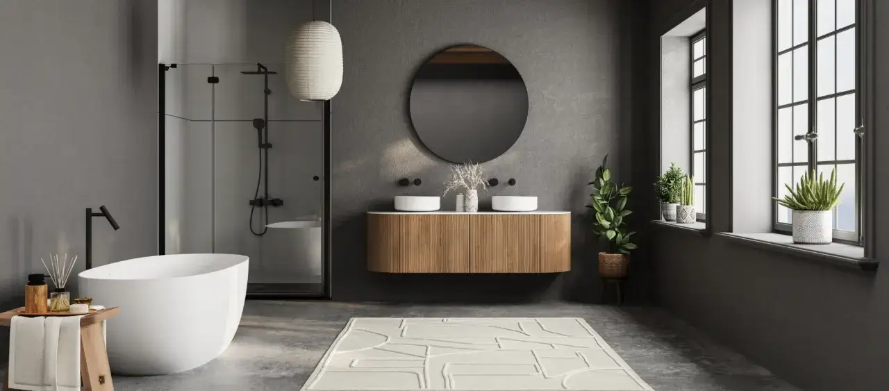 Modernes, dunkles Badezimmer mit freistehender Wanne, Dusche, Doppelwaschbecken und Pflanzen.