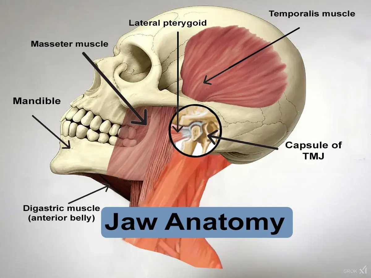 Anatomia żuchwy z zaznaczonym stawem skroniowo żuchwowym, mięśniami i kością.