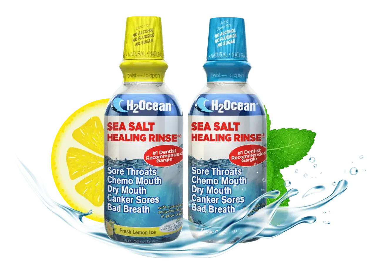 Collutorio in gravidanza: due flaconi H2Ocean Sea Salt Healing Rinse, uno al limone e uno alla menta, senza alcol, fluoro o zuccheri. Ideale per alleviare mal di gola e alitosi.