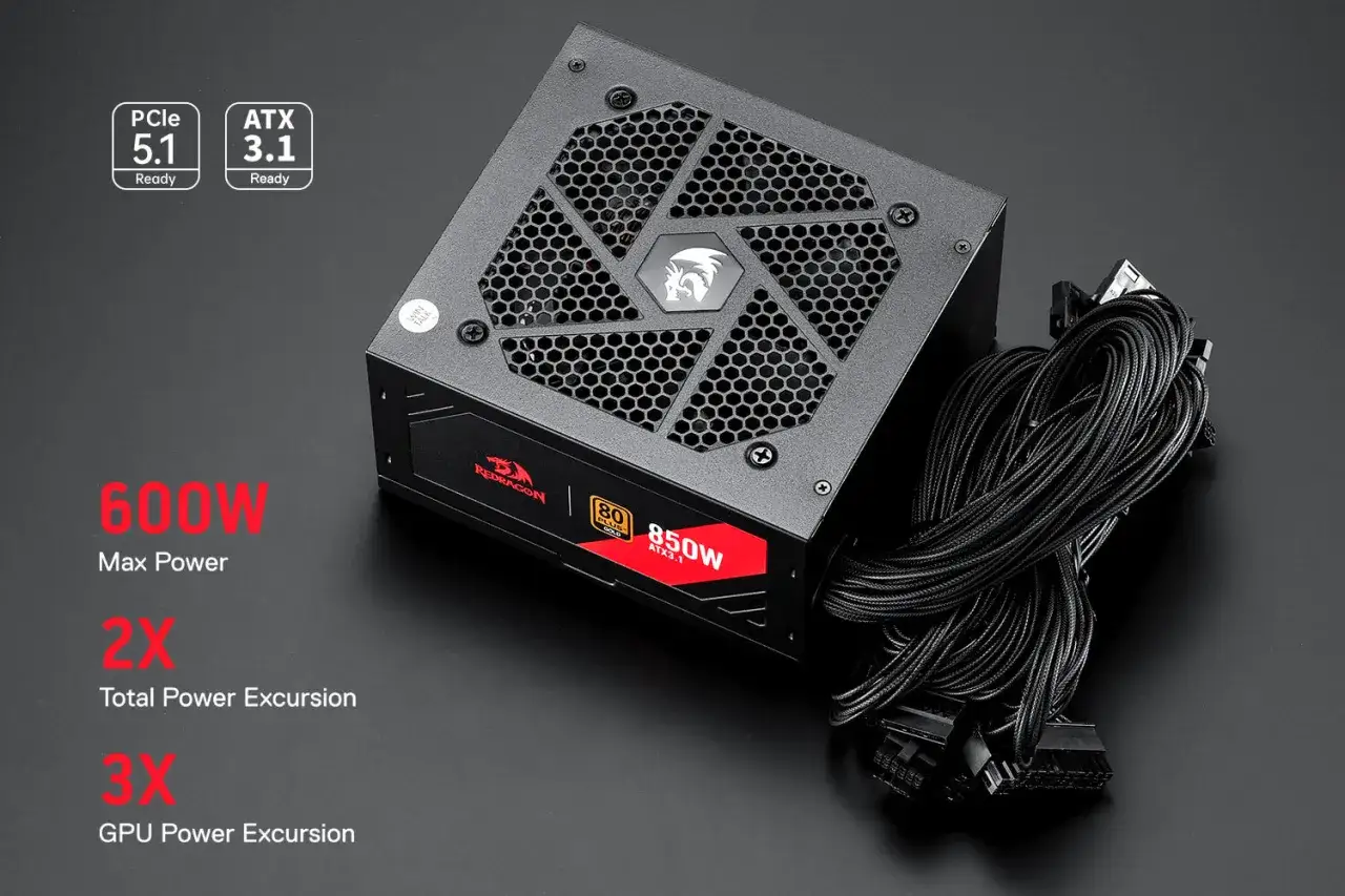 Jaki zasilacz do komputera? Czerwony Redragon 850W ATX 3.1, 600W Max Power, PCIe 5.1 Ready.