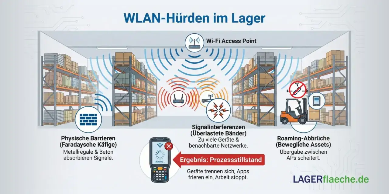 Lager-WLAN: Physische Barrieren, Signalst&ouml;rungen und Roaming-Abbr&uuml;che f&uuml;hren zu Prozessstillstand. Nachteile des WLAN-Gastzugangs sind hier visualisiert.