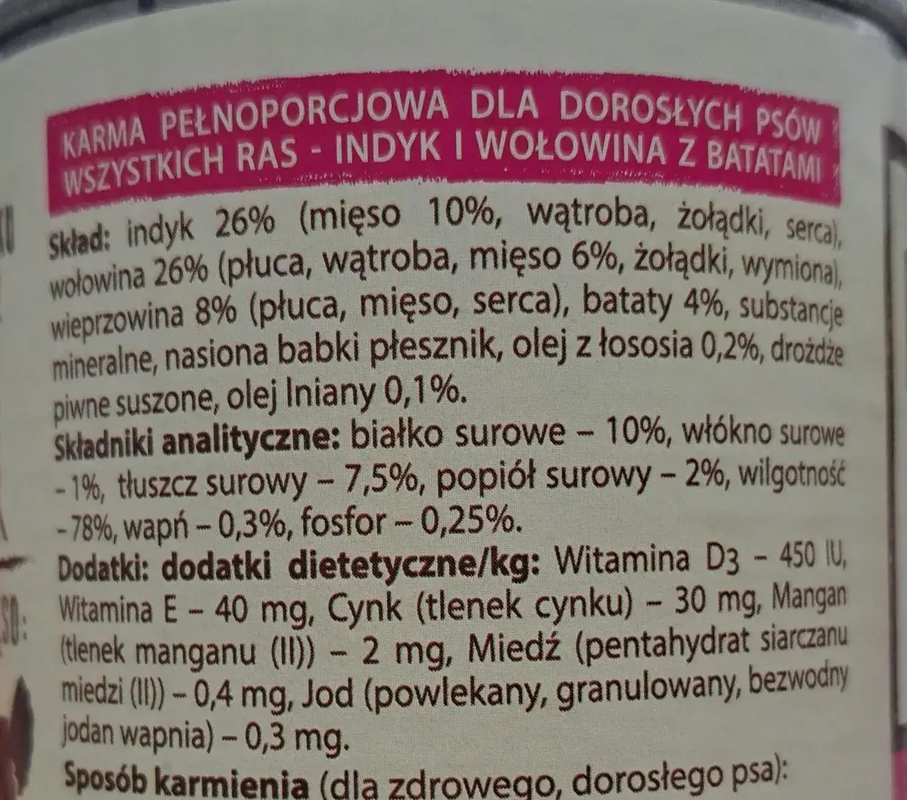 Etykieta mokrej karmy dla psa przykład