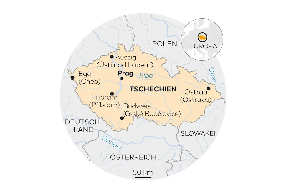 Karte von Tschechien mit St&auml;dten wie Prag, Budweis und Ostrau. Ein Geheimtipp f&uuml;r Ihren Urlaub in Tschechien.