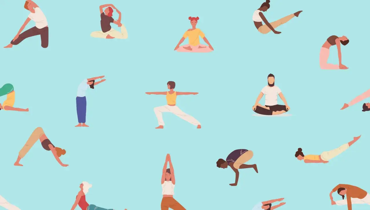 Persone in varie posizioni yoga, un ottimo sport per schiena e benessere generale.