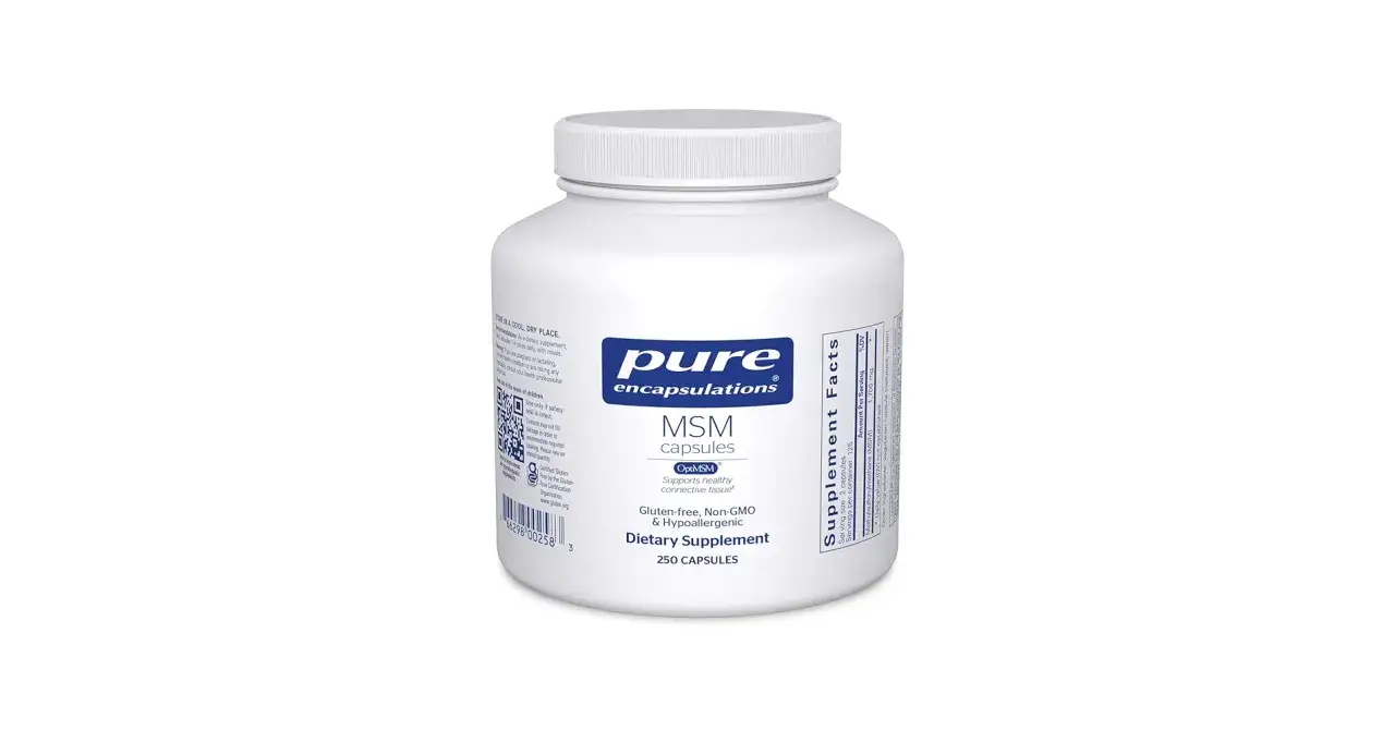 Biała butelka suplementu diety Pure Encapsulations MSM. Siarka organiczna MSM wspiera zdrowe tkanki łącznej.
