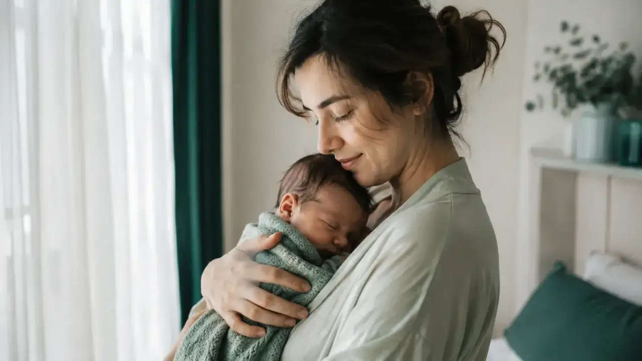 Matka tuli maleństwo otulone w zielony kocyk. Mimo chwilowych baby blues, w jej oczach widać miłość i spokój.