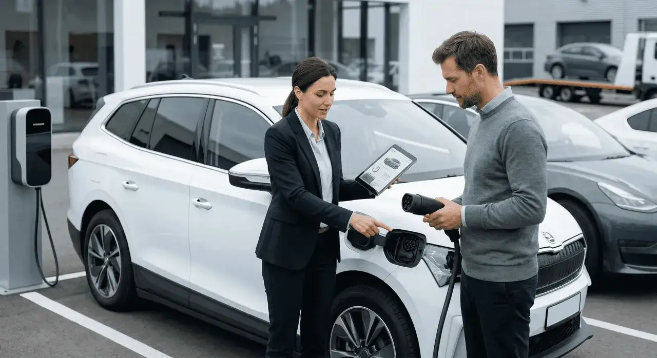 Para ładowania samochodu elektrycznego. Kobieta z tabletem pokazuje mężczyźnie, jak podłączyć samochód zastępczy z ac.