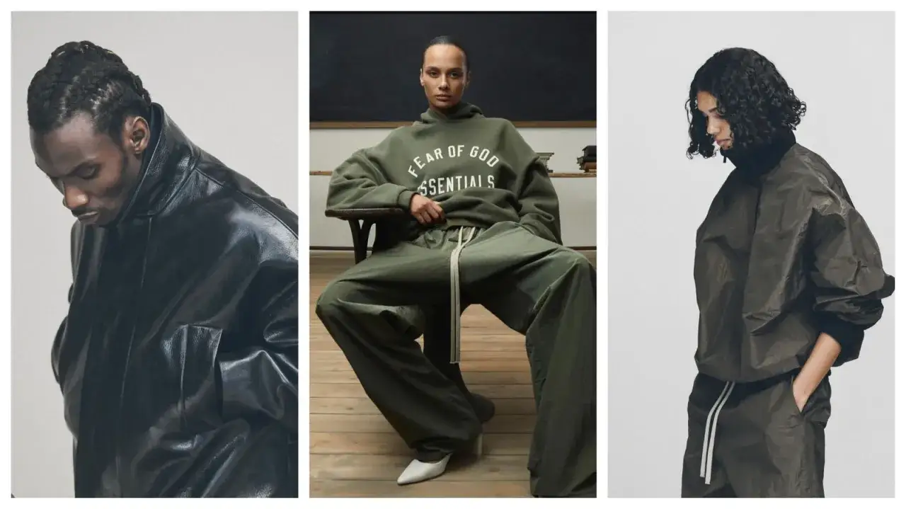 Trzy stylizacje z popularnymi markami bluz: czarna skórzana kurtka, zielona bluza z kapturem 