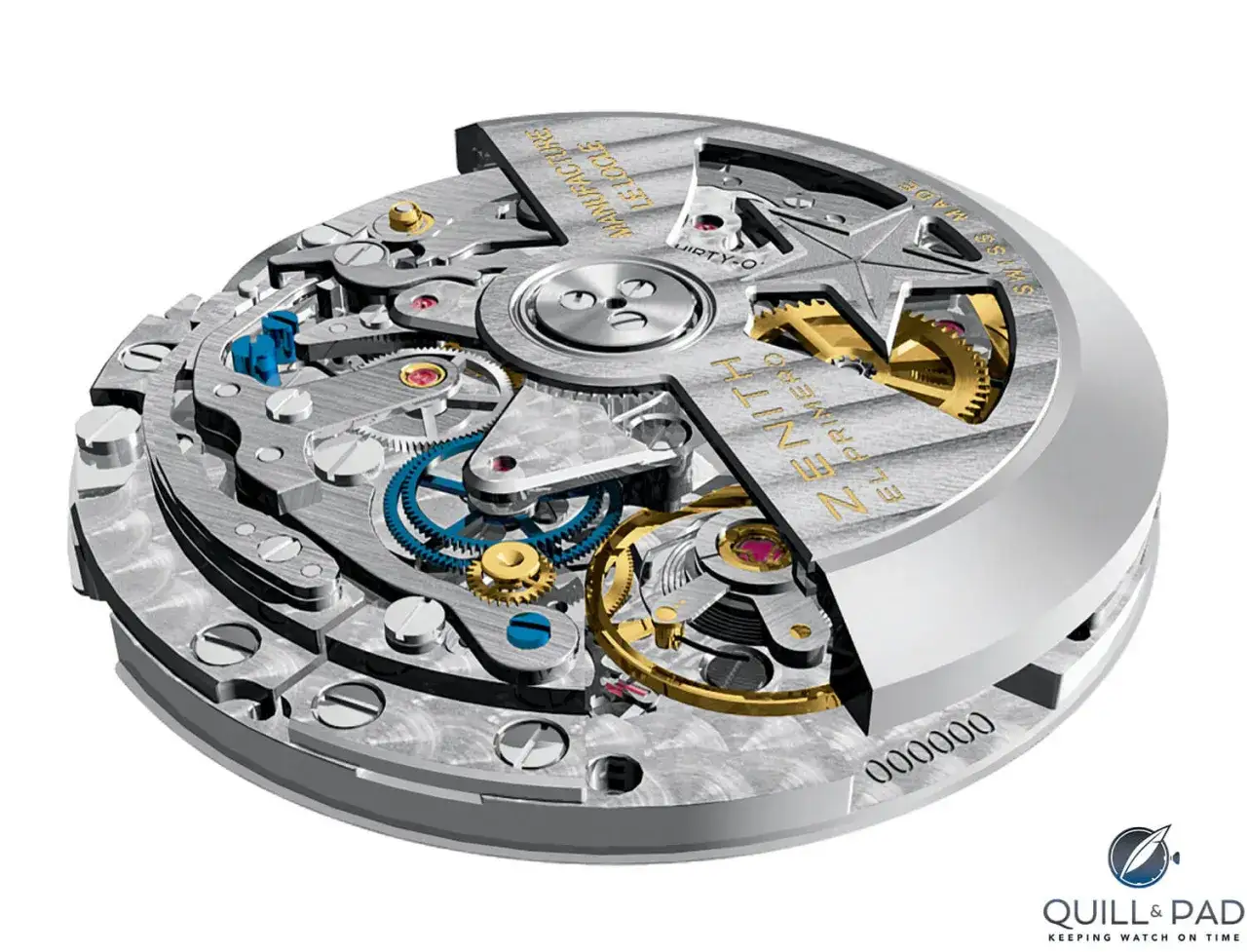Mechanizm zegarka Zenith El Primero, precyzyjnie wykonany, z widocznymi kołami zębatymi i balansem.